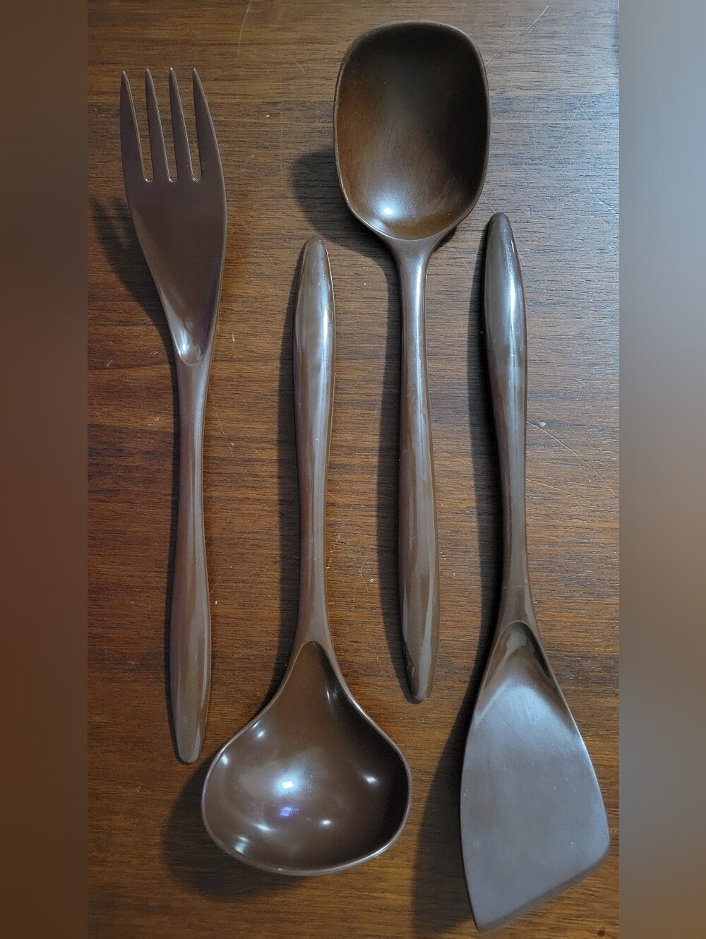 Vtg Rosti Mepal Denmark Brown Melamine Kitchen Utensil Set 4 Pc Hutzler MCM